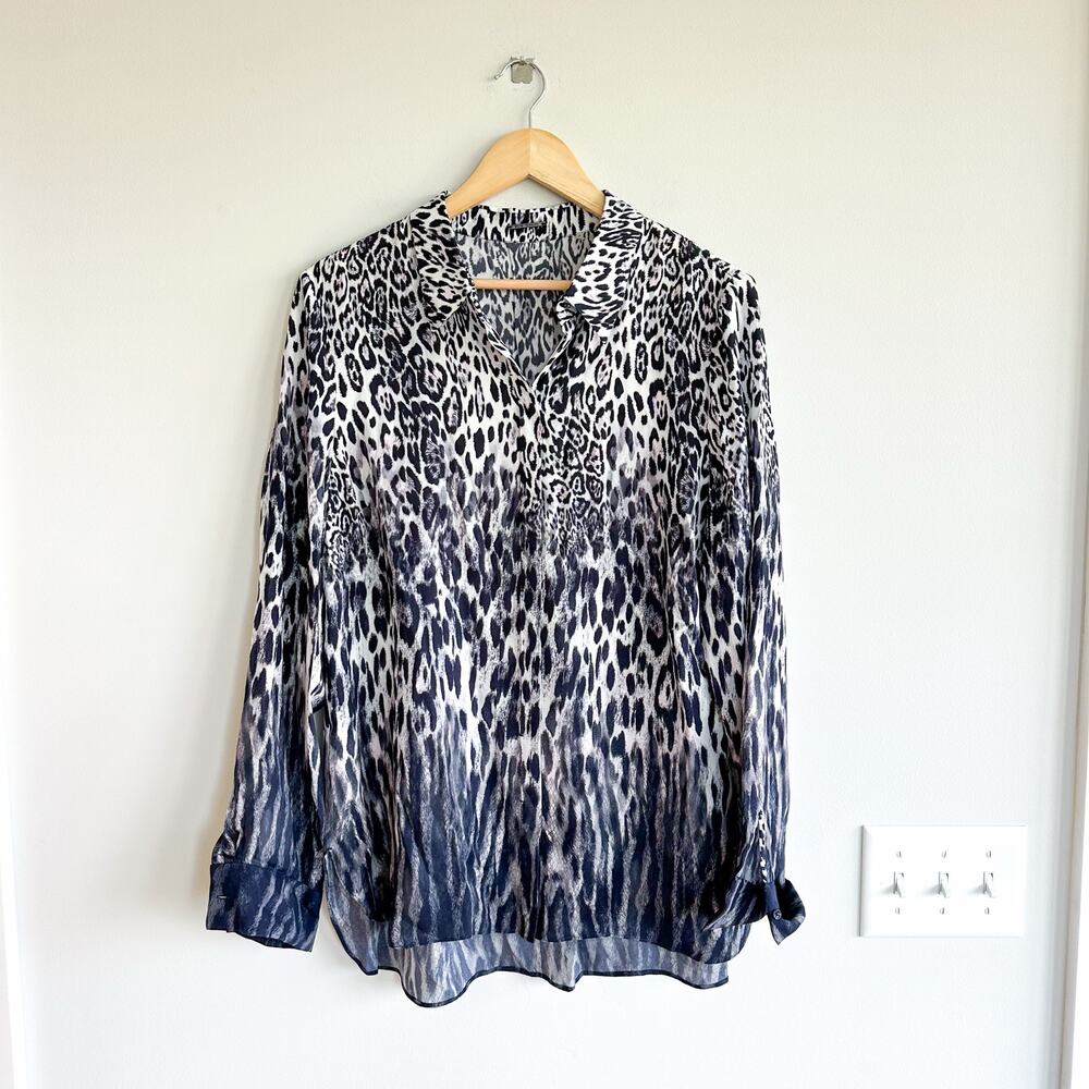 Elie Tahari Ingunn Animal Print Long Sleeve Button Up Shirt Black L
